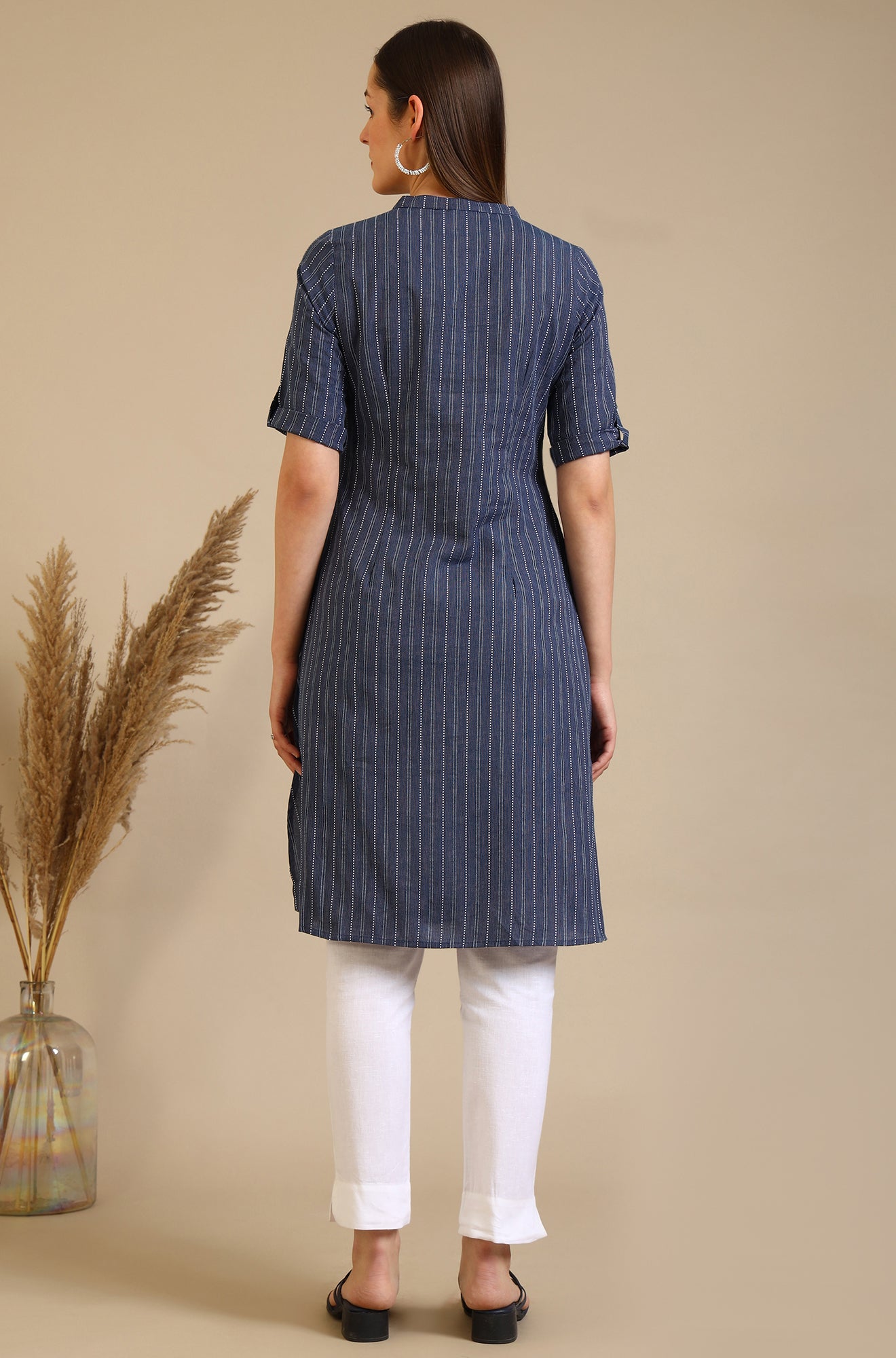 Blue Striped Pure Cotton Mandarin Collar Straight Kurta