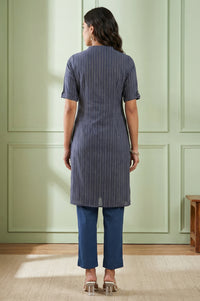 Blue Striped Pure Cotton Mandarin Collar Straight Kurta