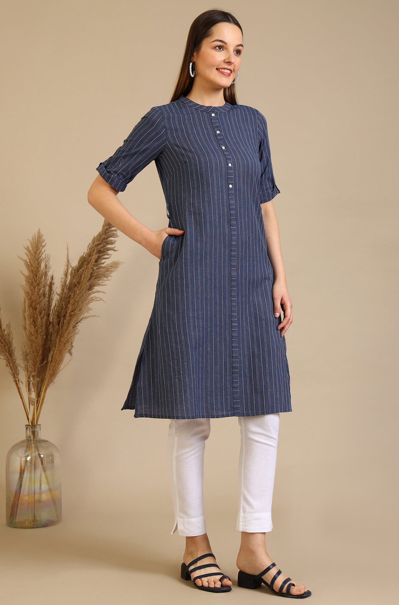 Blue Striped Pure Cotton Mandarin Collar Straight Kurta