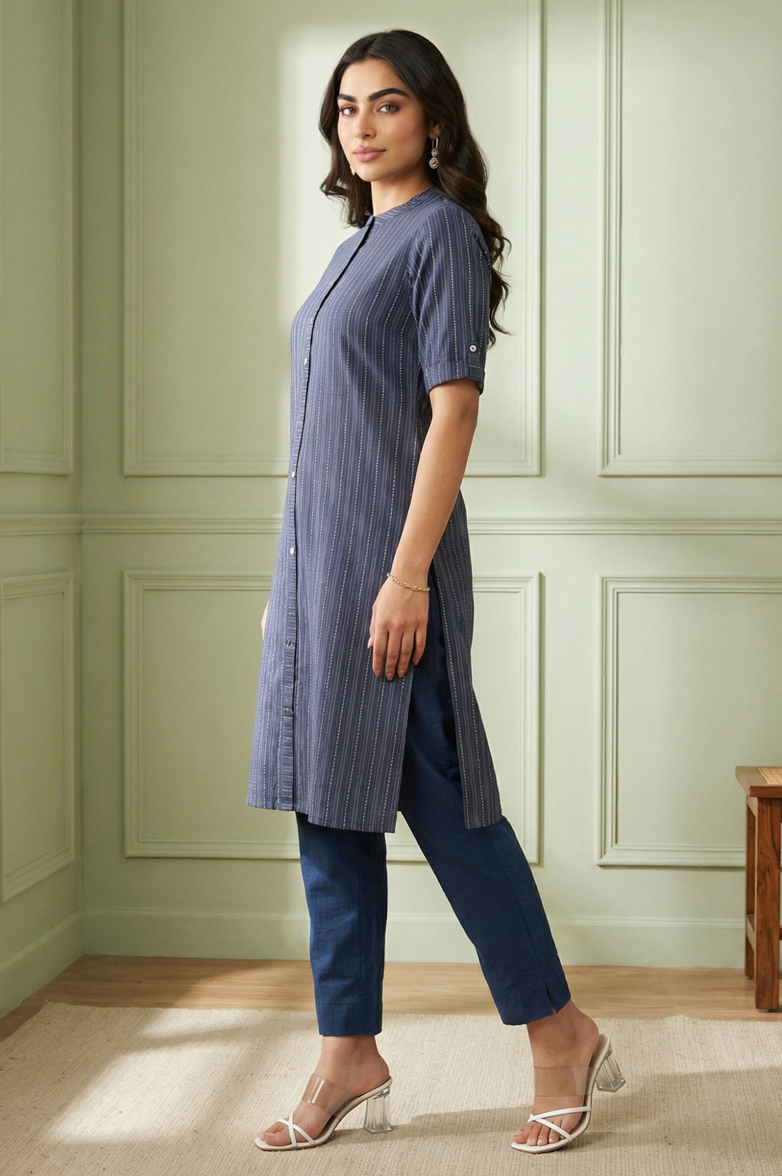 Blue Striped Pure Cotton Mandarin Collar Straight Kurta