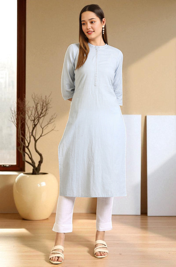 Dusty Blue Embroidered Cotton Lurex Straight Kurta
