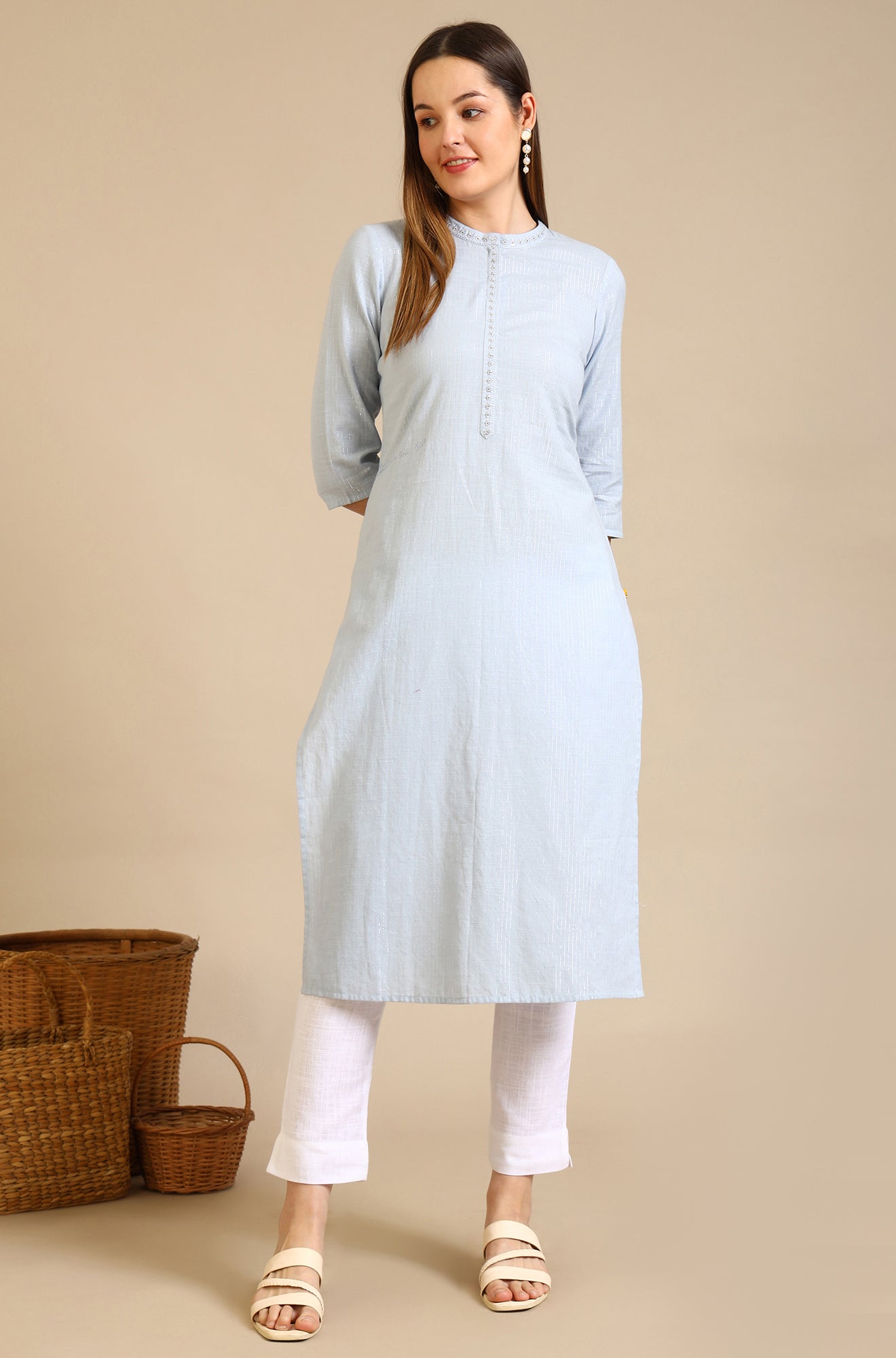 Dusty Blue Embroidered Cotton Lurex Straight Kurta