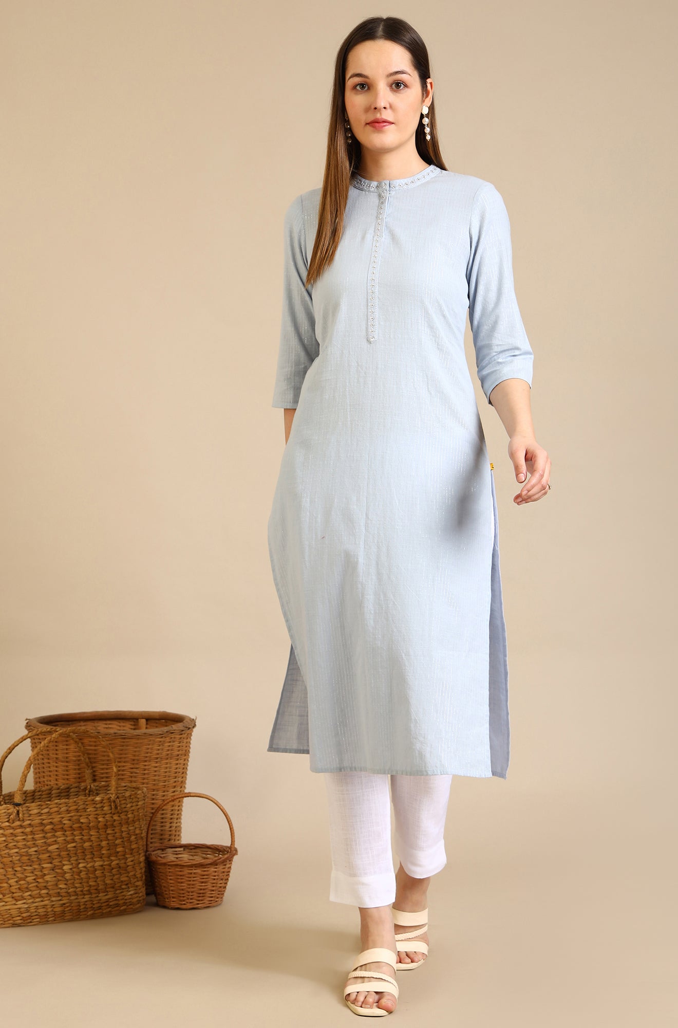 Dusty Blue Embroidered Cotton Lurex Straight Kurta