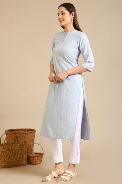 Dusty Blue Embroidered Cotton Lurex Straight Kurta