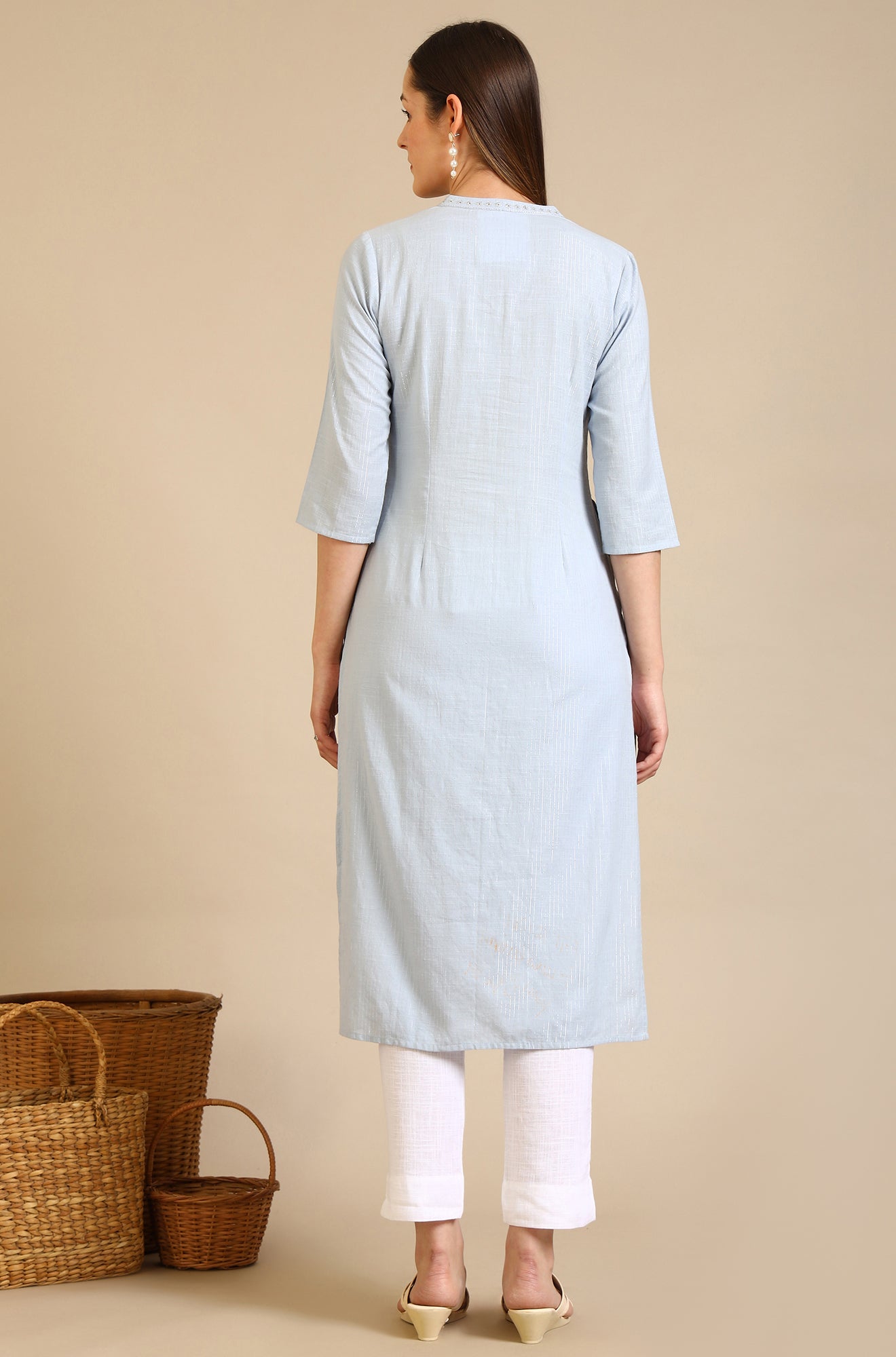 Dusty Blue Embroidered Cotton Lurex Straight Kurta