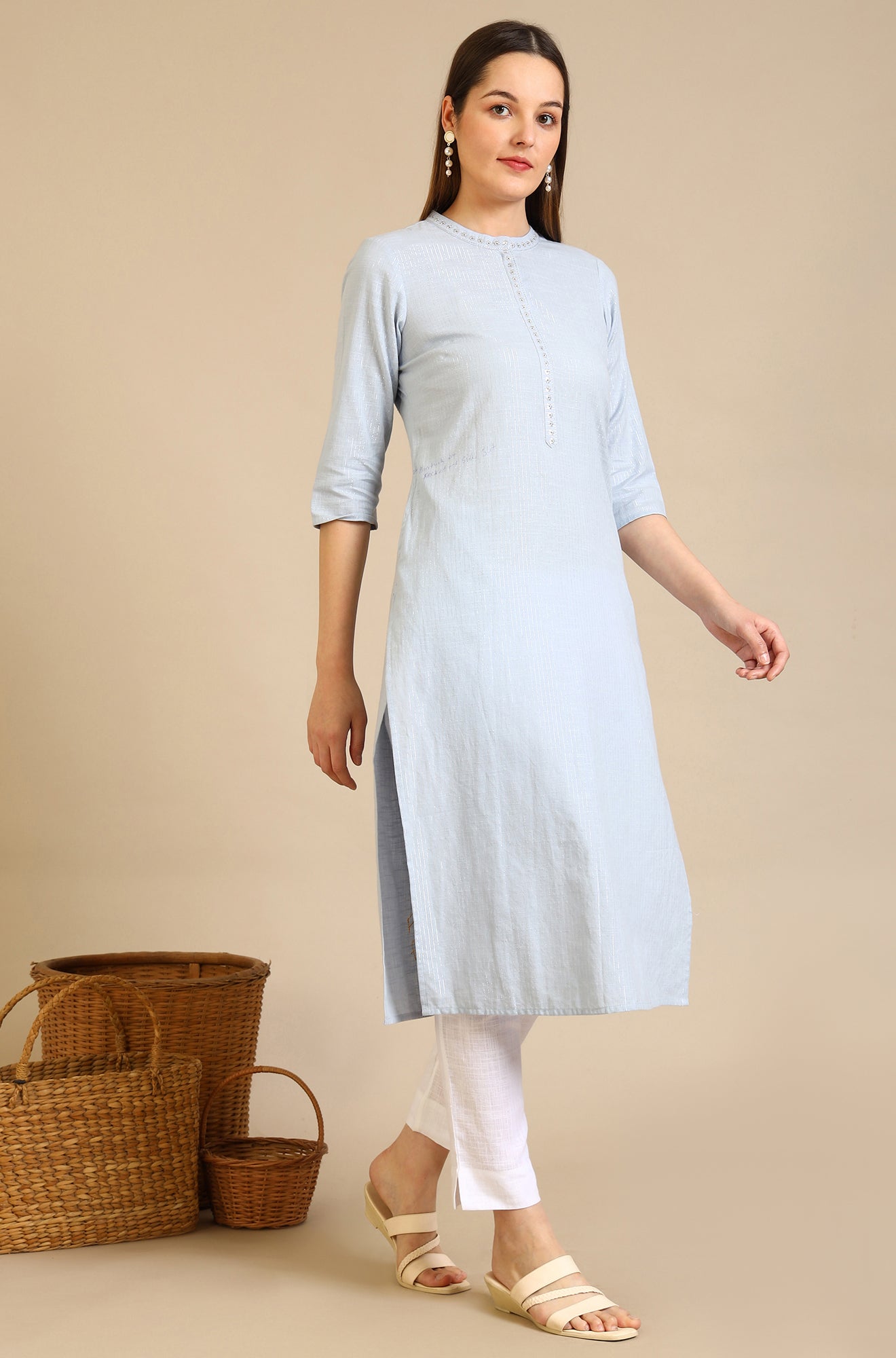 Dusty Blue Embroidered Cotton Lurex Straight Kurta