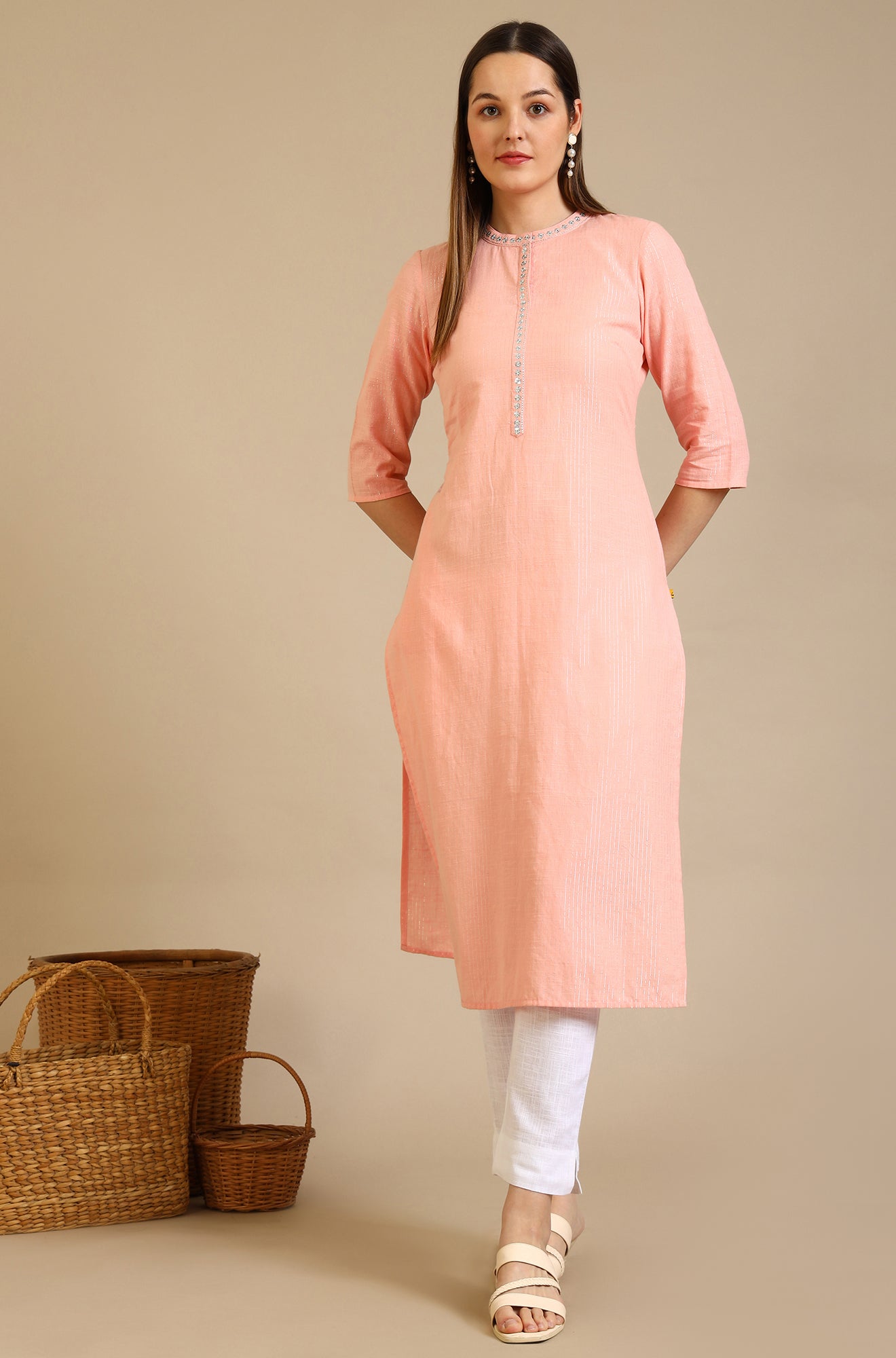 Dusky Peach Embroidered Cotton Lurex Straight Kurta