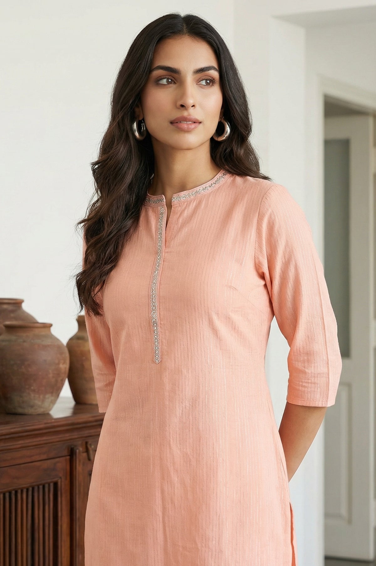 Dusky Peach Embroidered Cotton Lurex Straight Kurta - XS