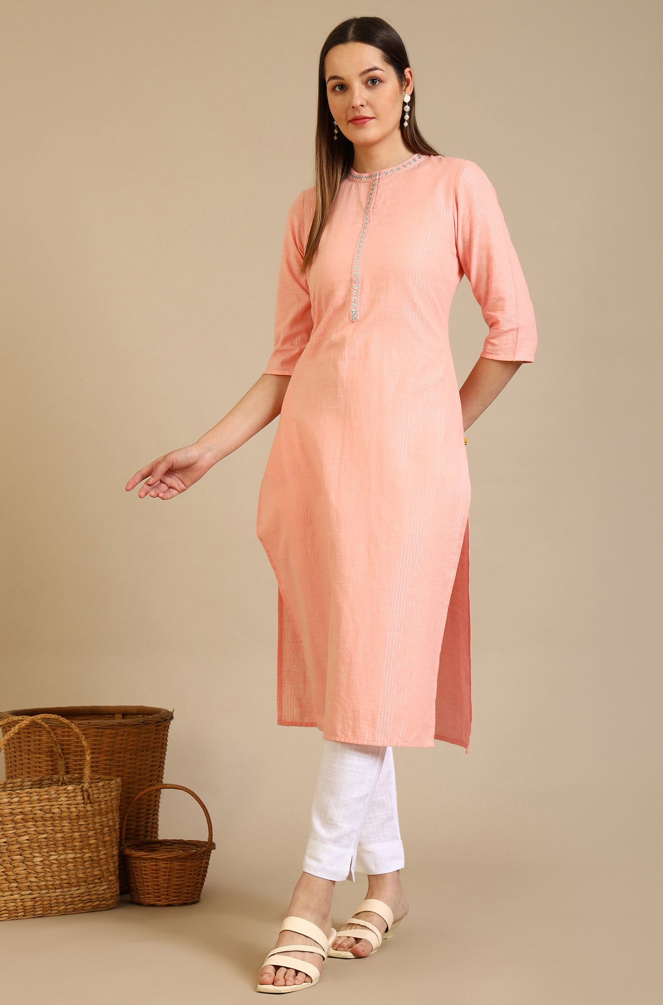 Dusky Peach Embroidered Cotton Lurex Straight Kurta