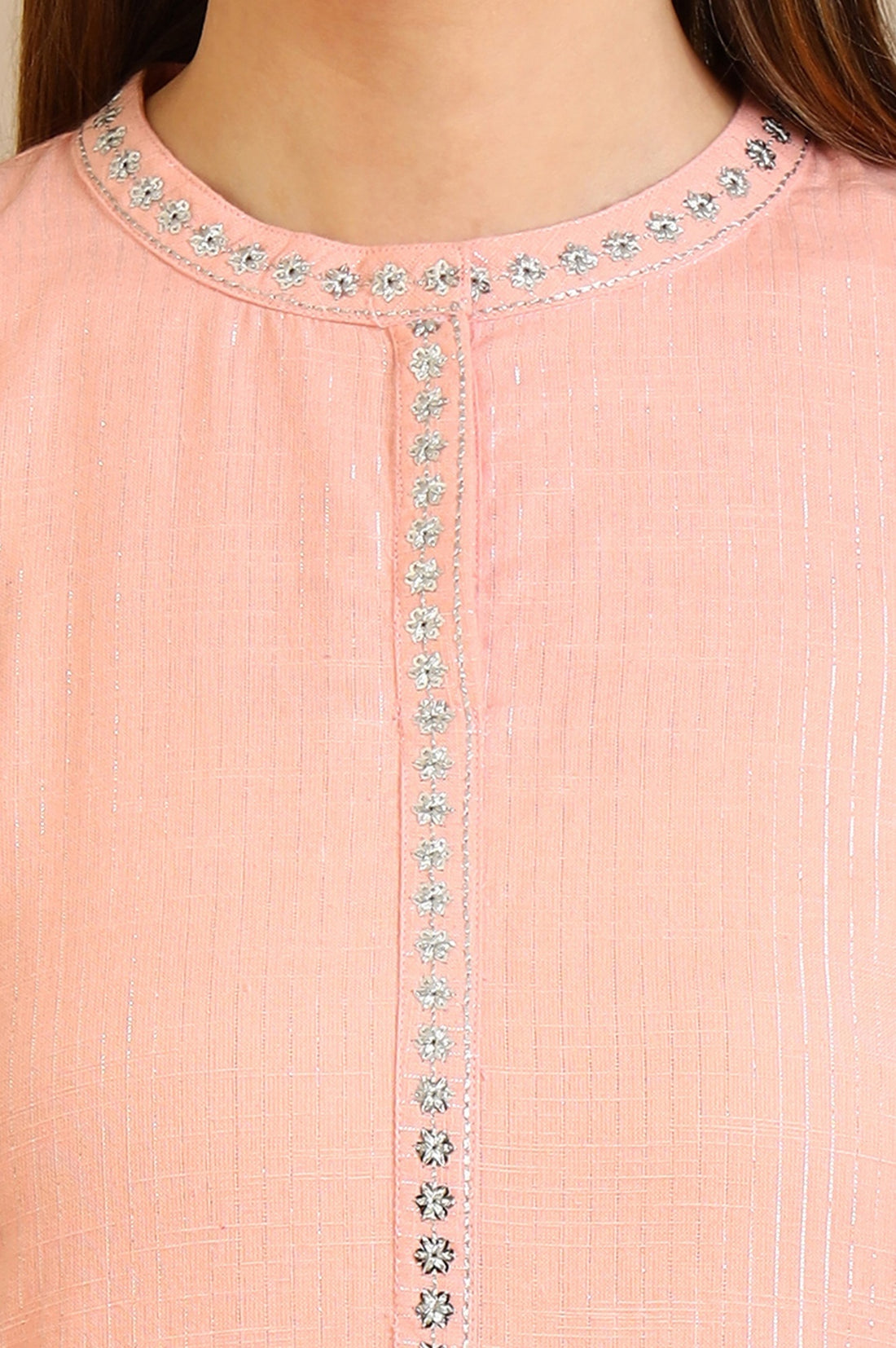 Dusky Peach Embroidered Cotton Lurex Straight Kurta