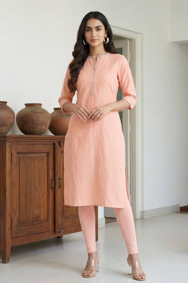 Dusky Peach Embroidered Cotton Lurex Straight Kurta