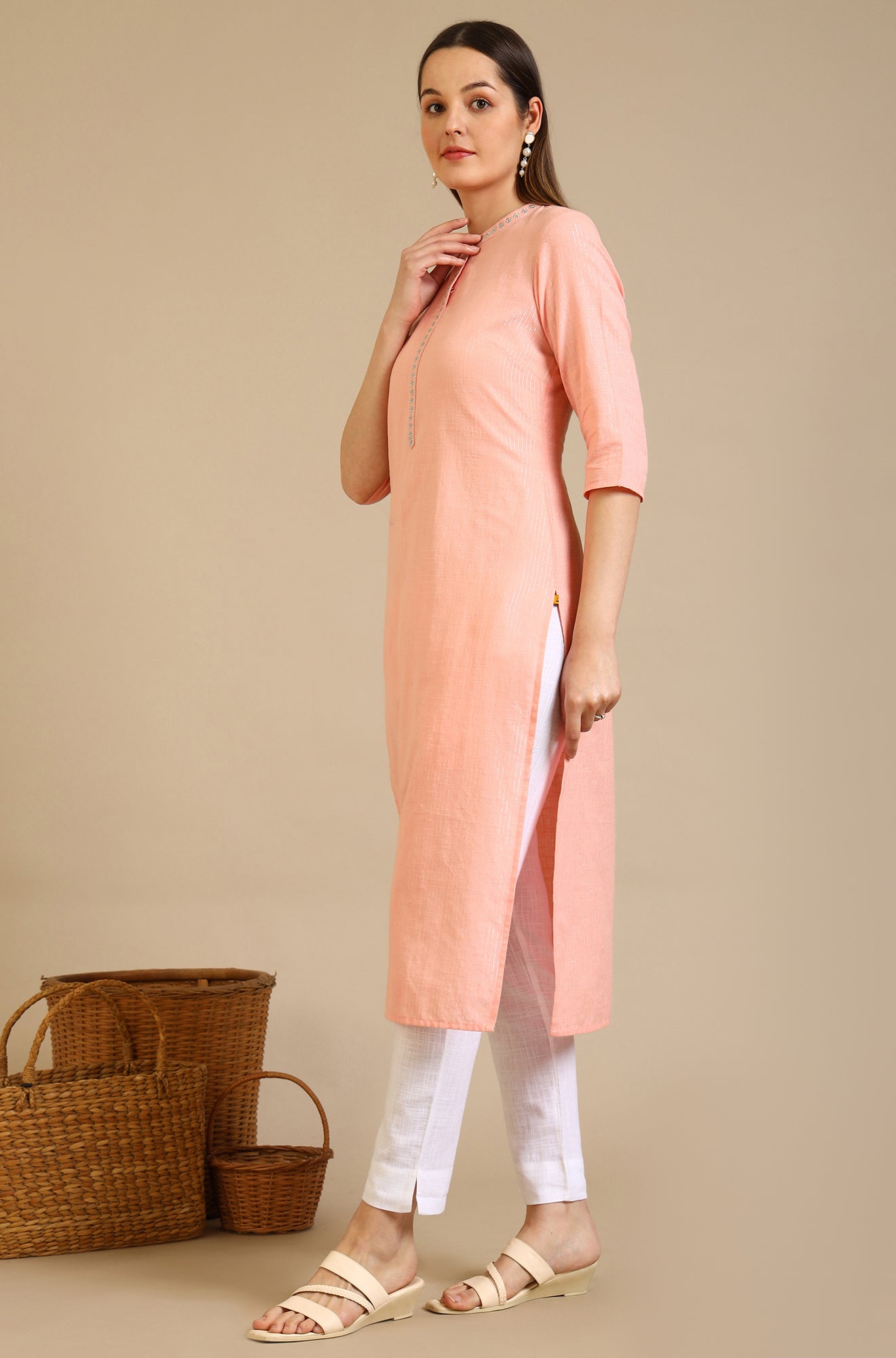 Dusky Peach Embroidered Cotton Lurex Straight Kurta