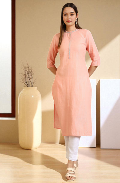 Dusky Peach Embroidered Cotton Lurex Straight Kurta