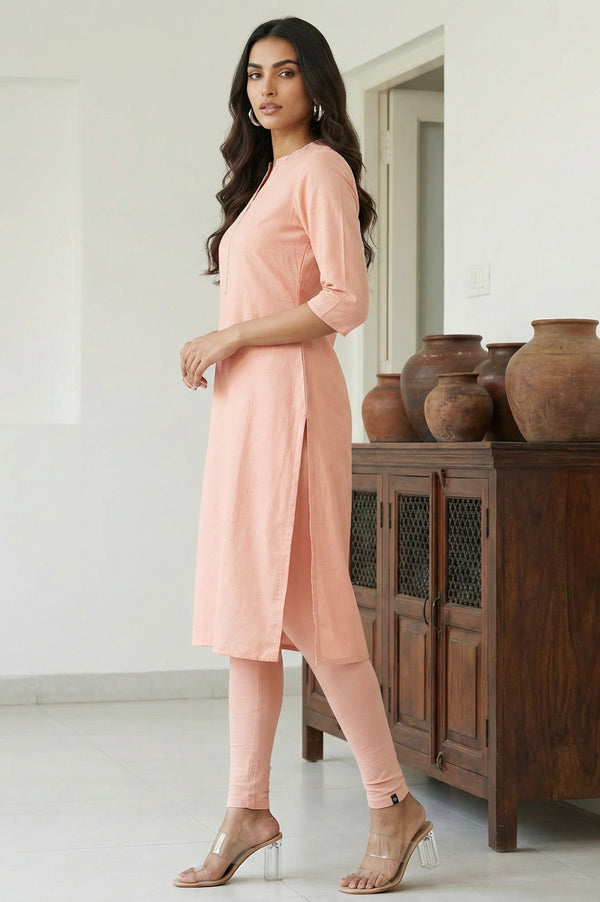 Dusky Peach Embroidered Cotton Lurex Straight Kurta