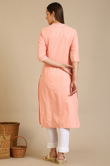 Dusky Peach Embroidered Cotton Lurex Straight Kurta