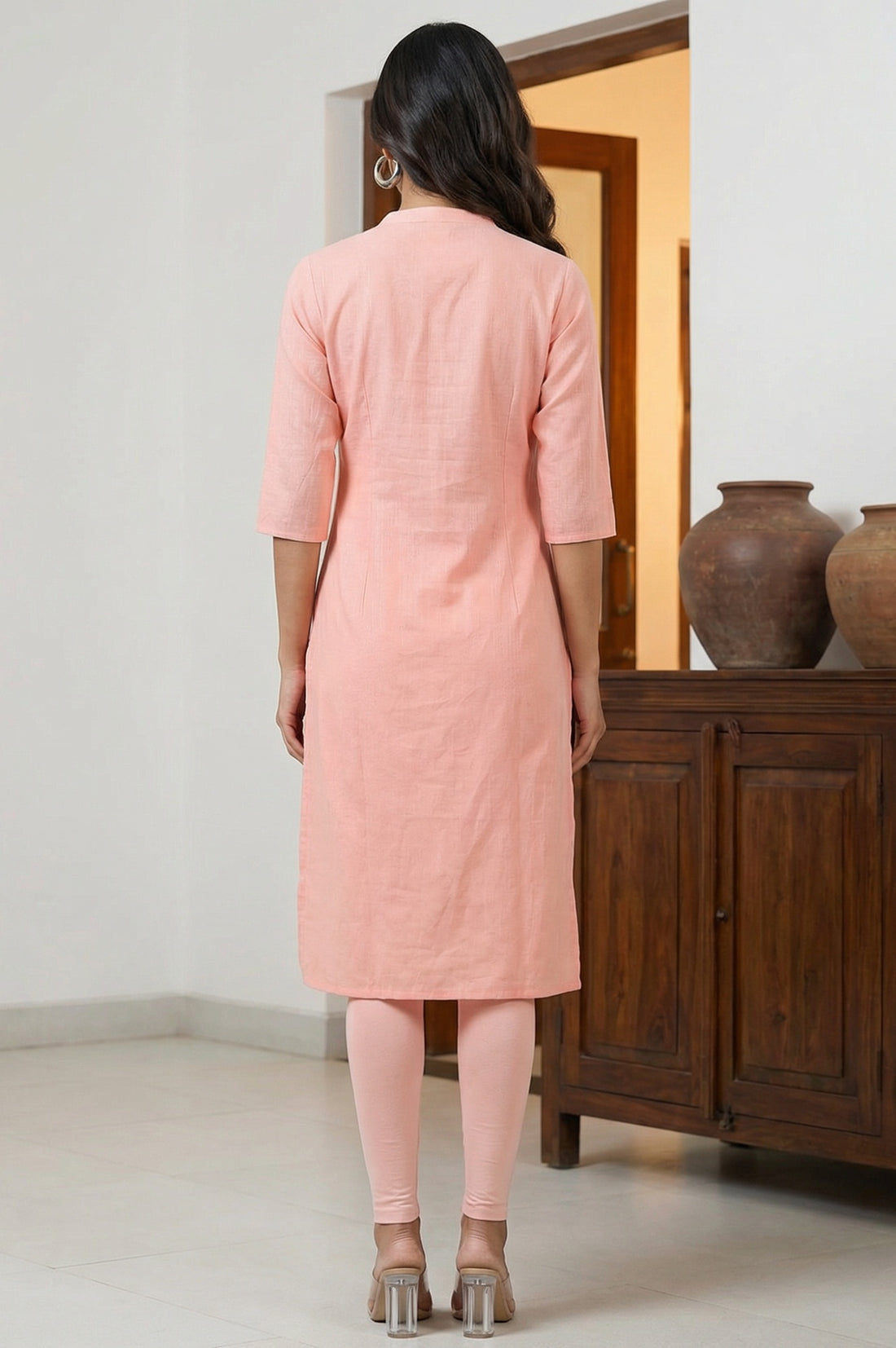 Dusky Peach Embroidered Cotton Lurex Straight Kurta