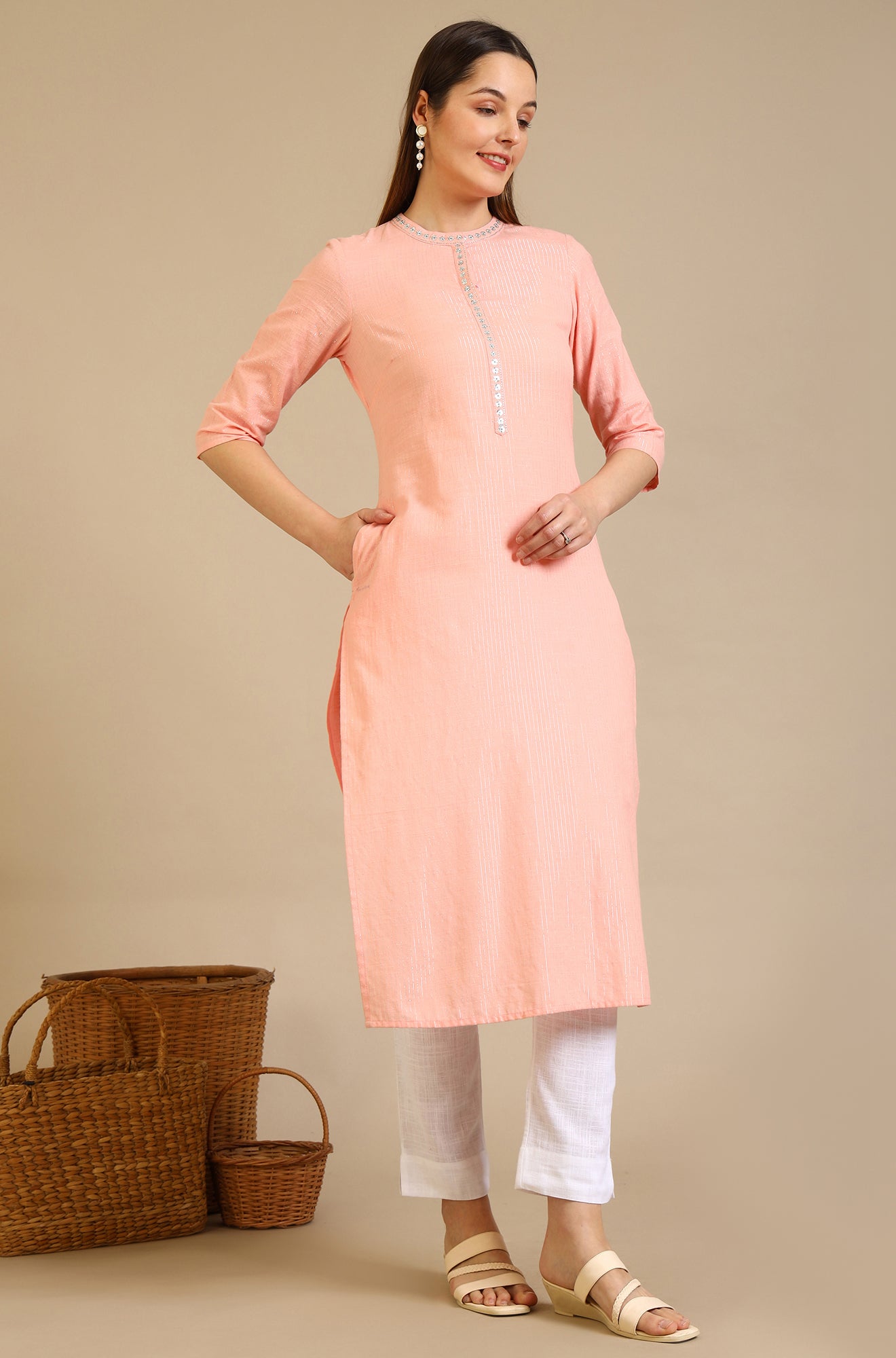 Dusky Peach Embroidered Cotton Lurex Straight Kurta