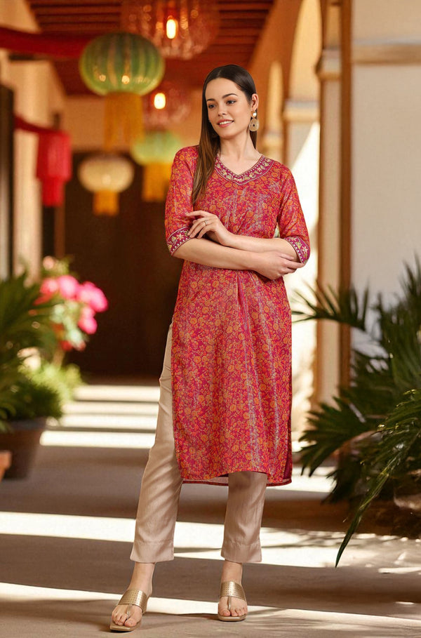 Purple Floral Printed Georgette Lurex Straight Kurta