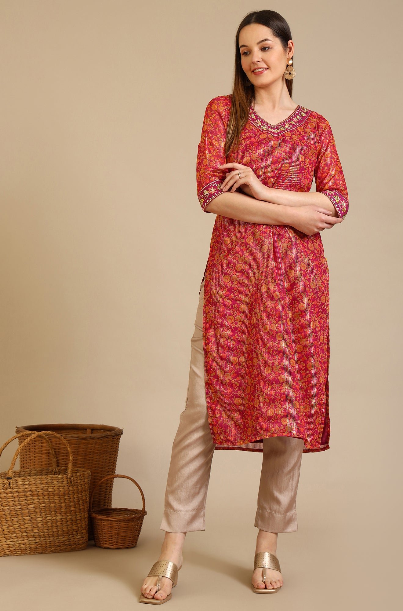 Purple Floral Printed Georgette Lurex Straight Kurta