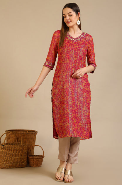 Purple Floral Printed Georgette Lurex Straight Kurta