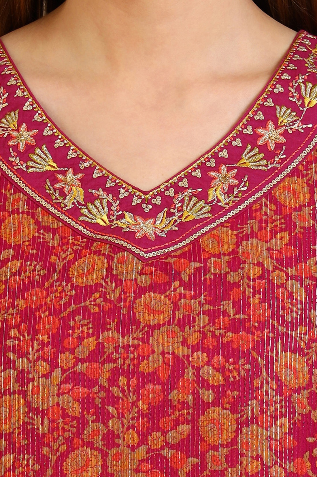 Purple Floral Printed Georgette Lurex Straight Kurta