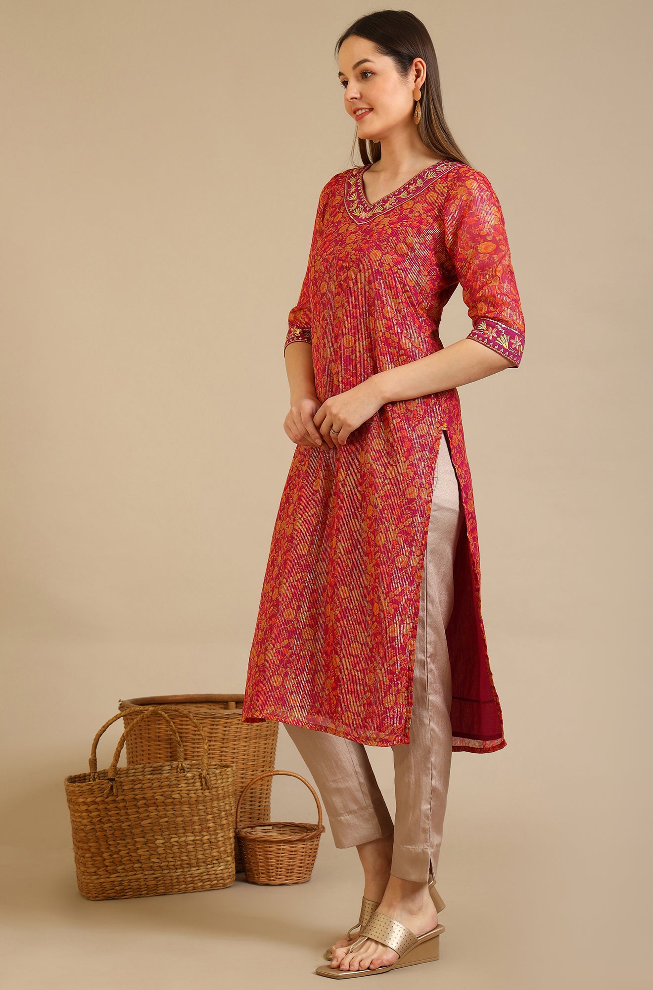 Purple Floral Printed Georgette Lurex Straight Kurta