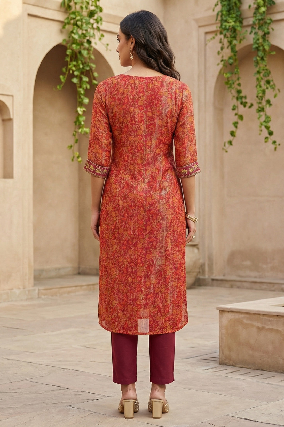 Purple Floral Printed Georgette Lurex Straight Kurta