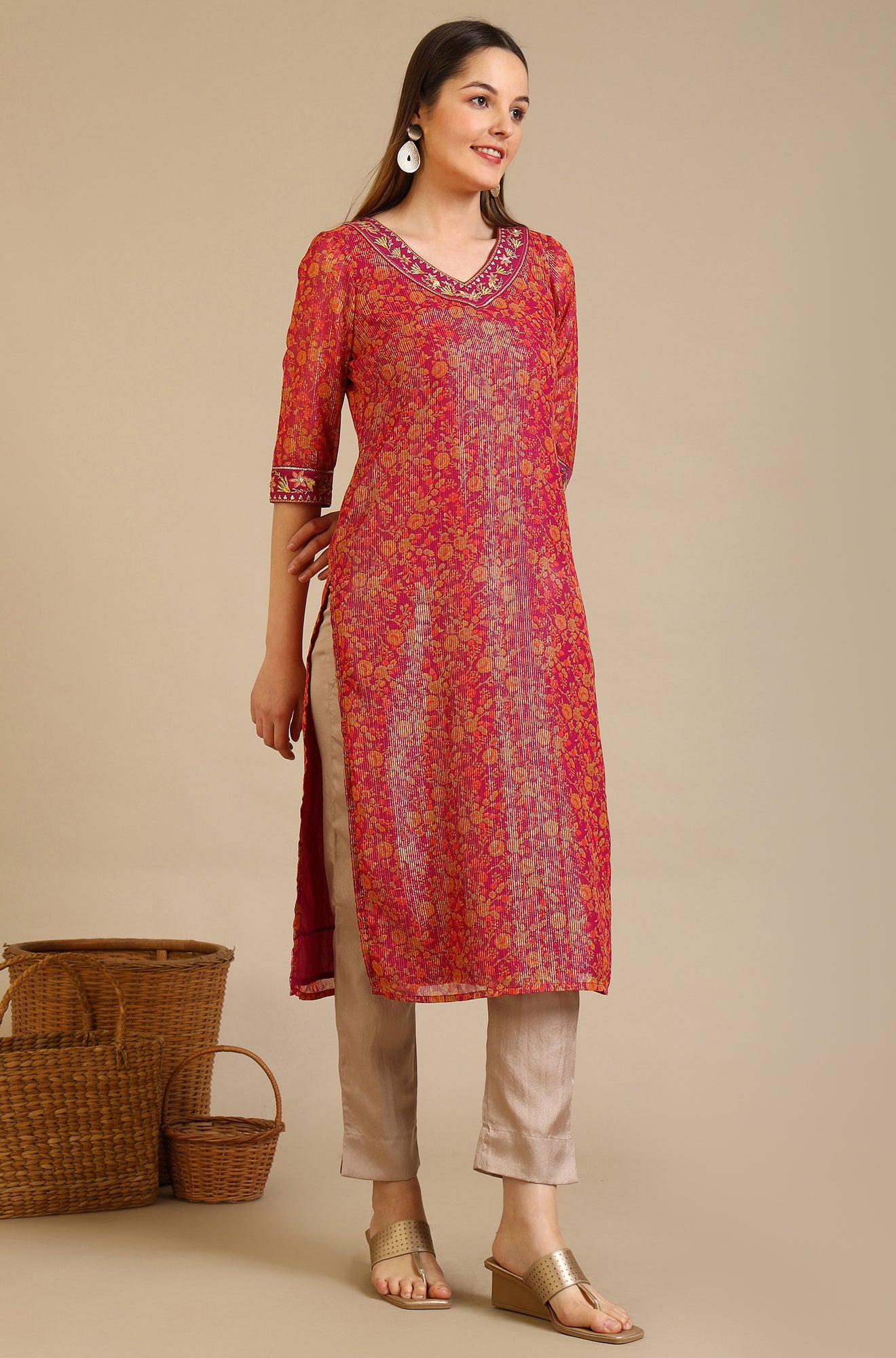 Purple Floral Printed Georgette Lurex Straight Kurta