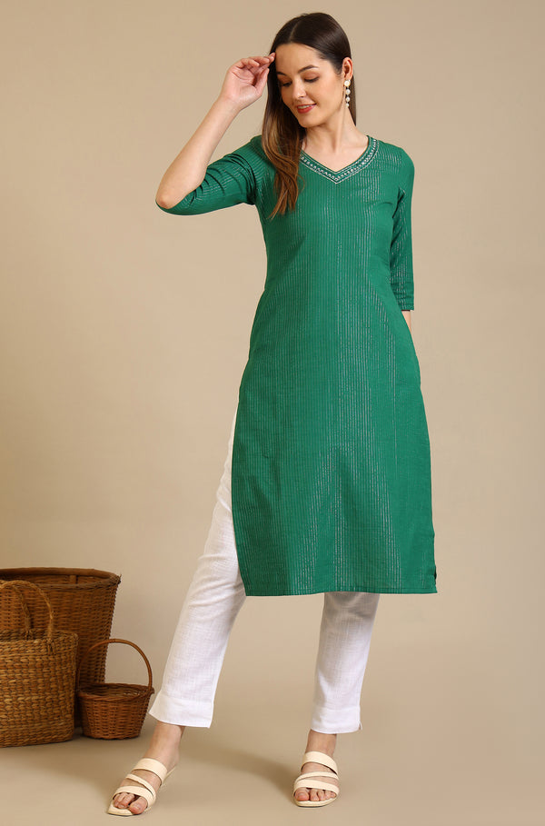 Green Embellished Cotton Lurex Straight Kurta