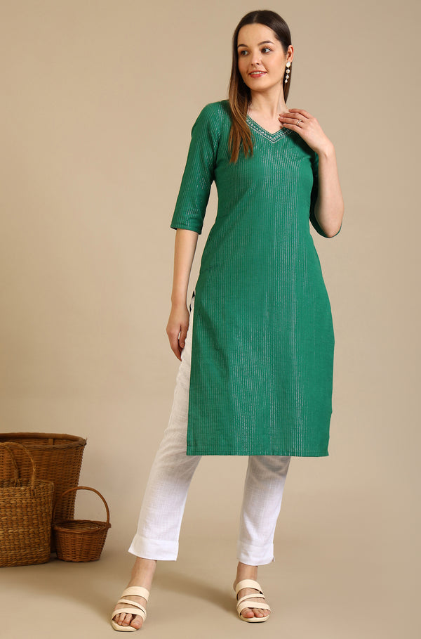 Green Embellished Cotton Lurex Straight Kurta