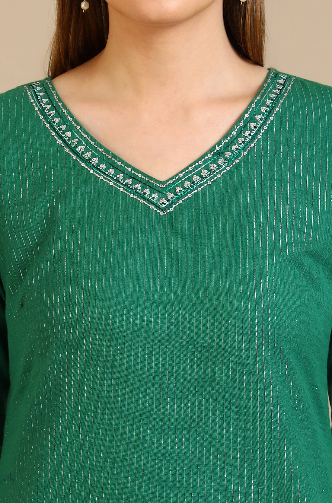 Green Embellished Cotton Lurex Straight Kurta