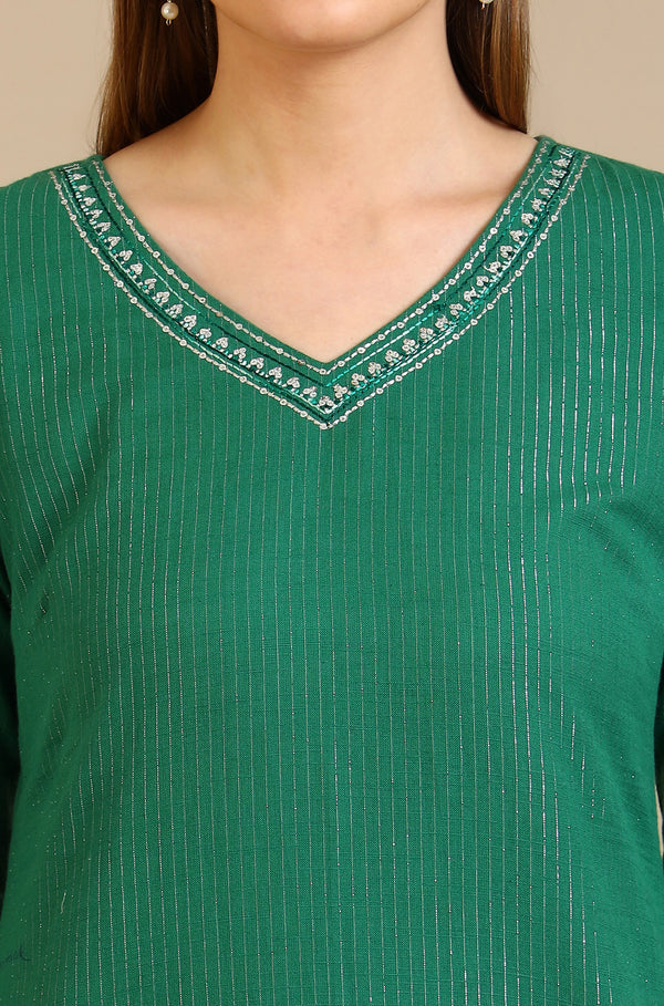 Green Embellished Cotton Lurex Straight Kurta
