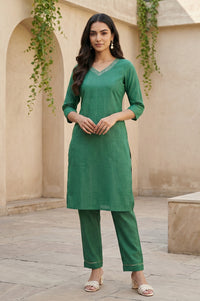 Green Embellished Cotton Lurex Straight Kurta