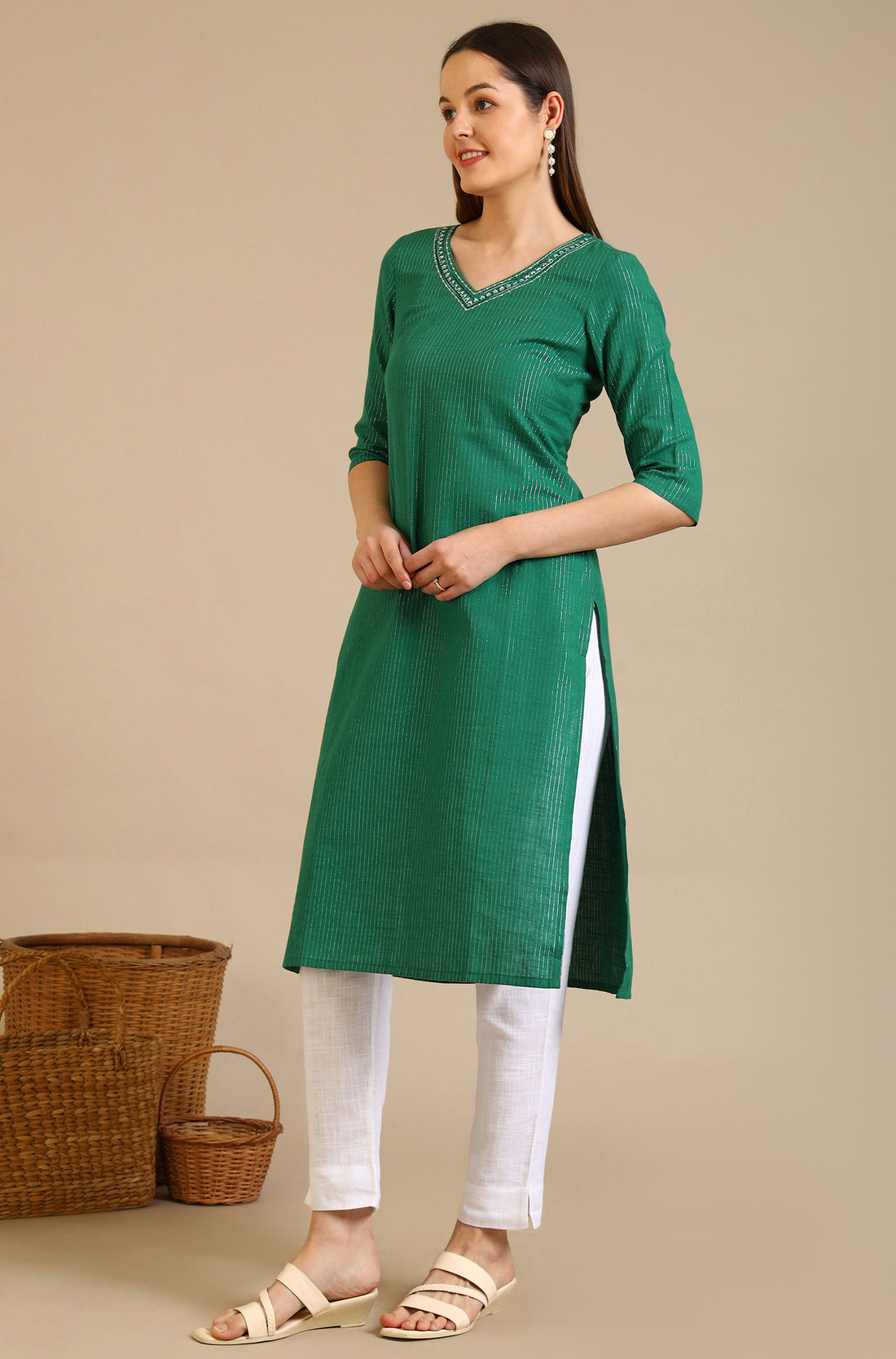 Green Embellished Cotton Lurex Straight Kurta