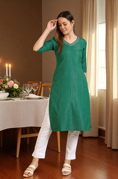 Green Embellished Cotton Lurex Straight Kurta