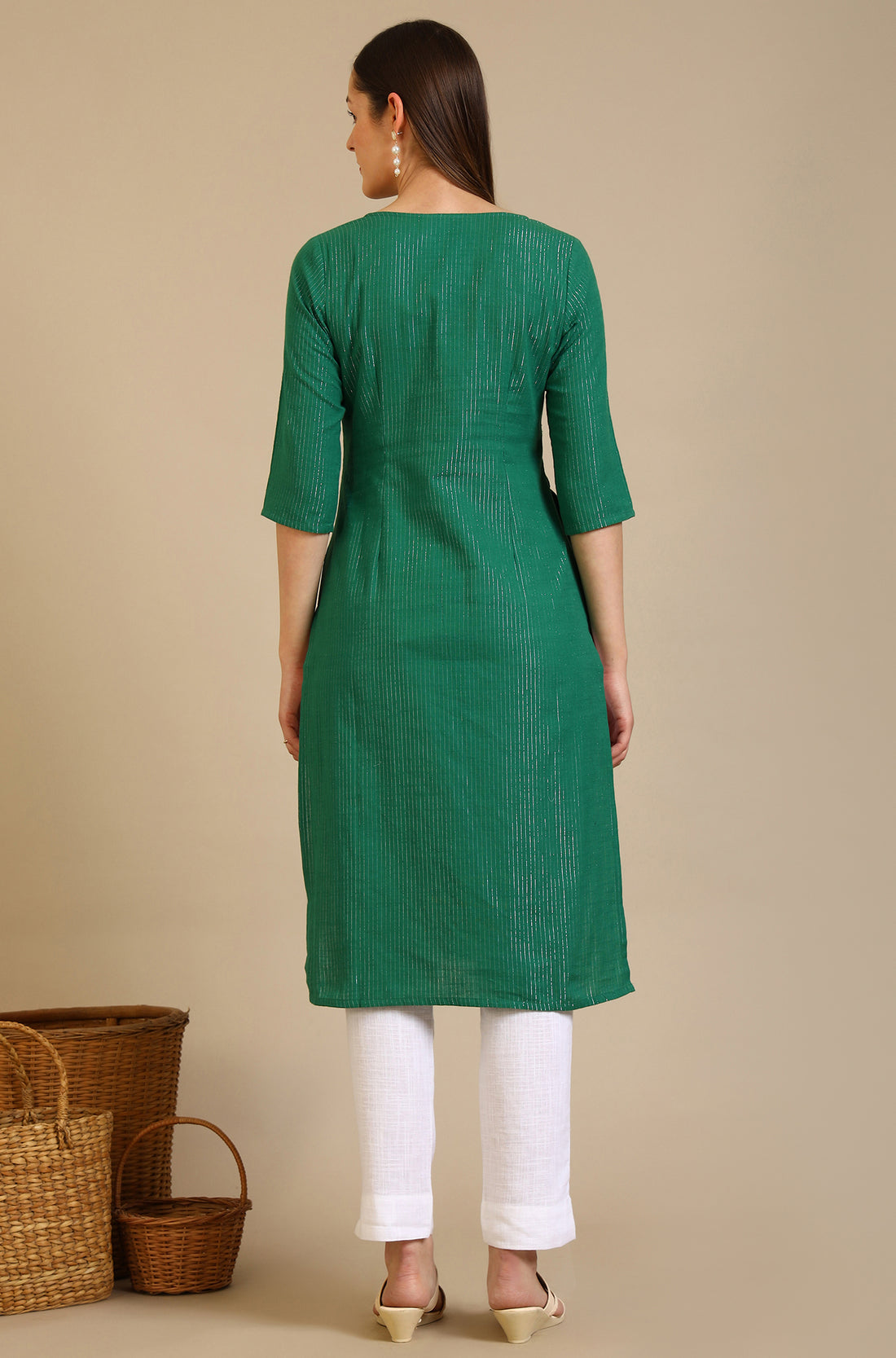 Green Embellished Cotton Lurex Straight Kurta