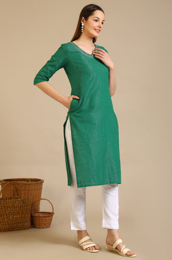 Green Embellished Cotton Lurex Straight Kurta