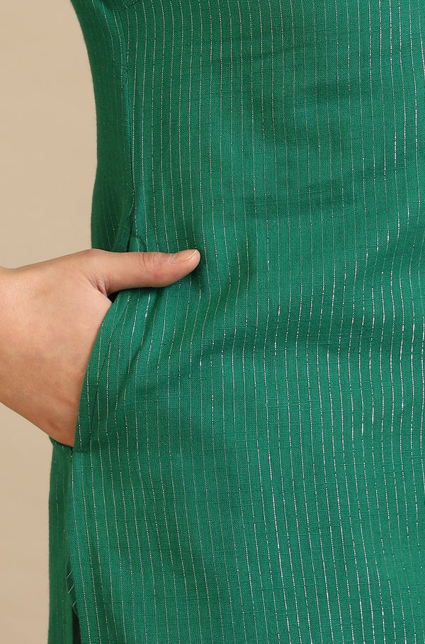Green Embellished Cotton Lurex Straight Kurta