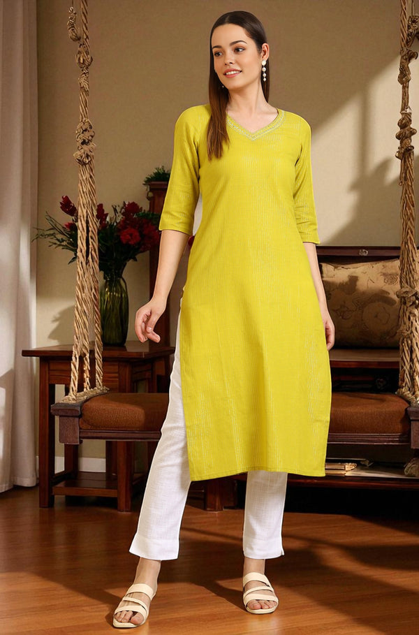 Yellow Embellished Cotton Lurex Straight Kurta
