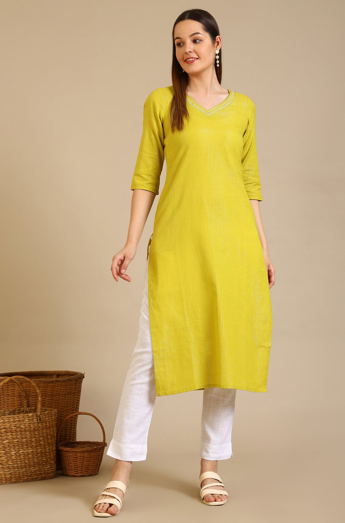 Yellow Embellished Cotton Lurex Straight Kurta