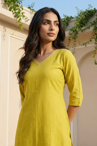 Yellow Embellished Cotton Lurex Straight Kurta