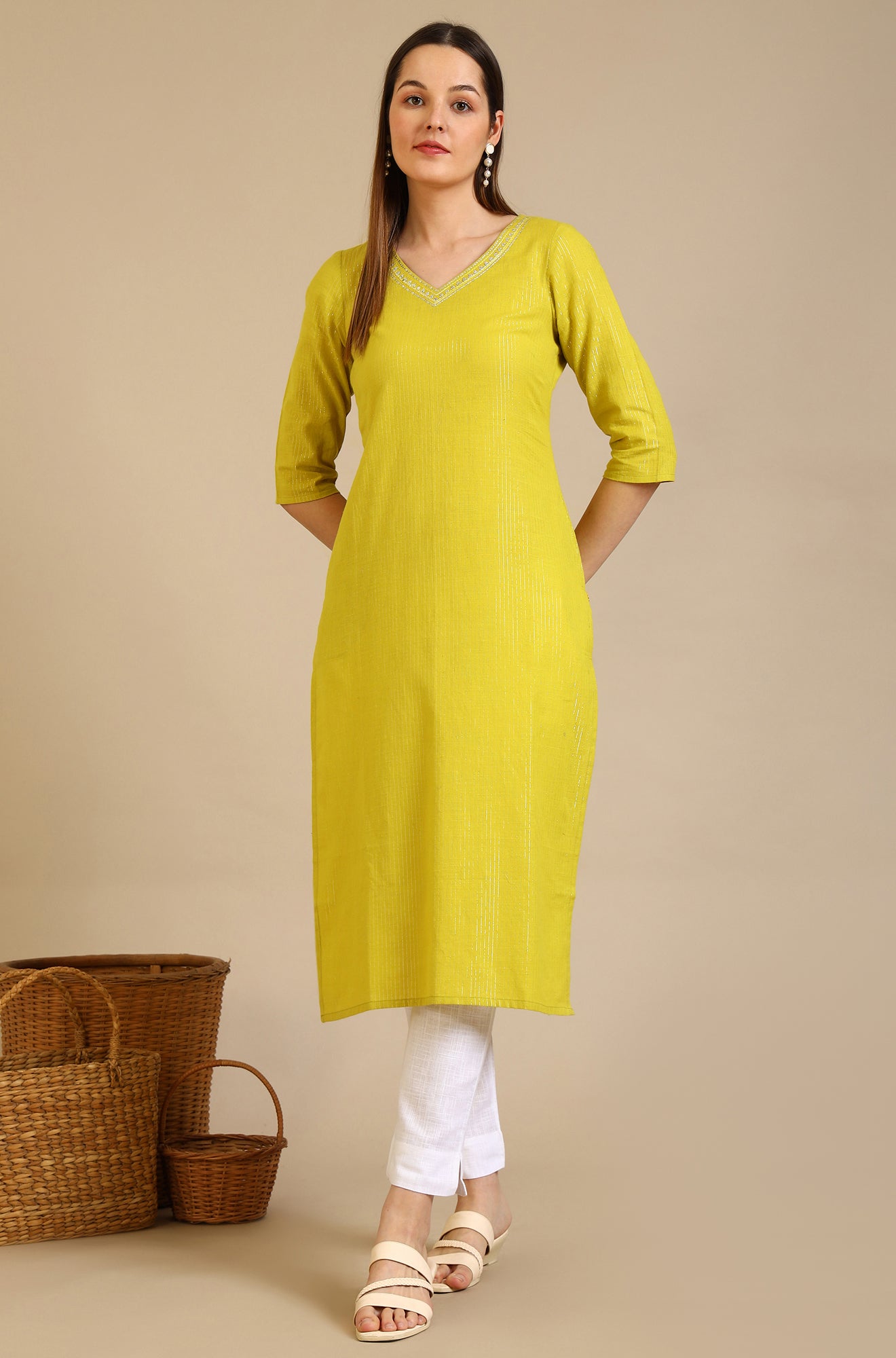 Yellow Embellished Cotton Lurex Straight Kurta