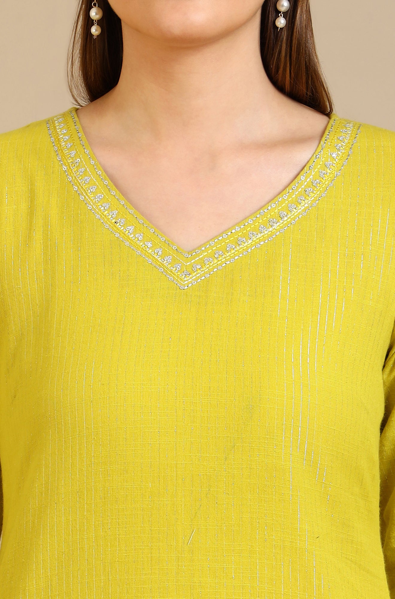 Yellow Embellished Cotton Lurex Straight Kurta