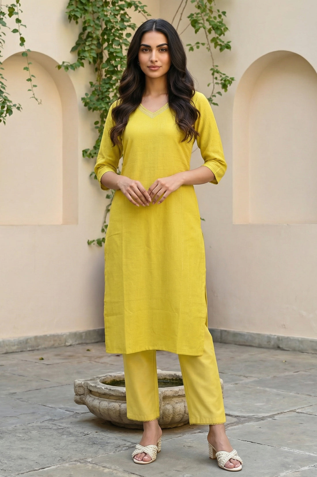 Yellow Embellished Cotton Lurex Straight Kurta