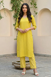 Yellow Embellished Cotton Lurex Straight Kurta