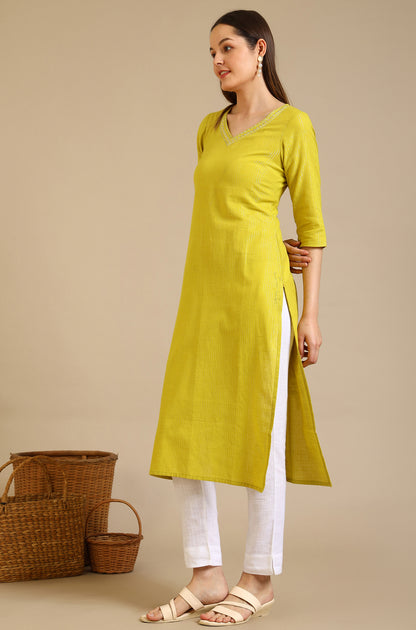 Yellow Embellished Cotton Lurex Straight Kurta