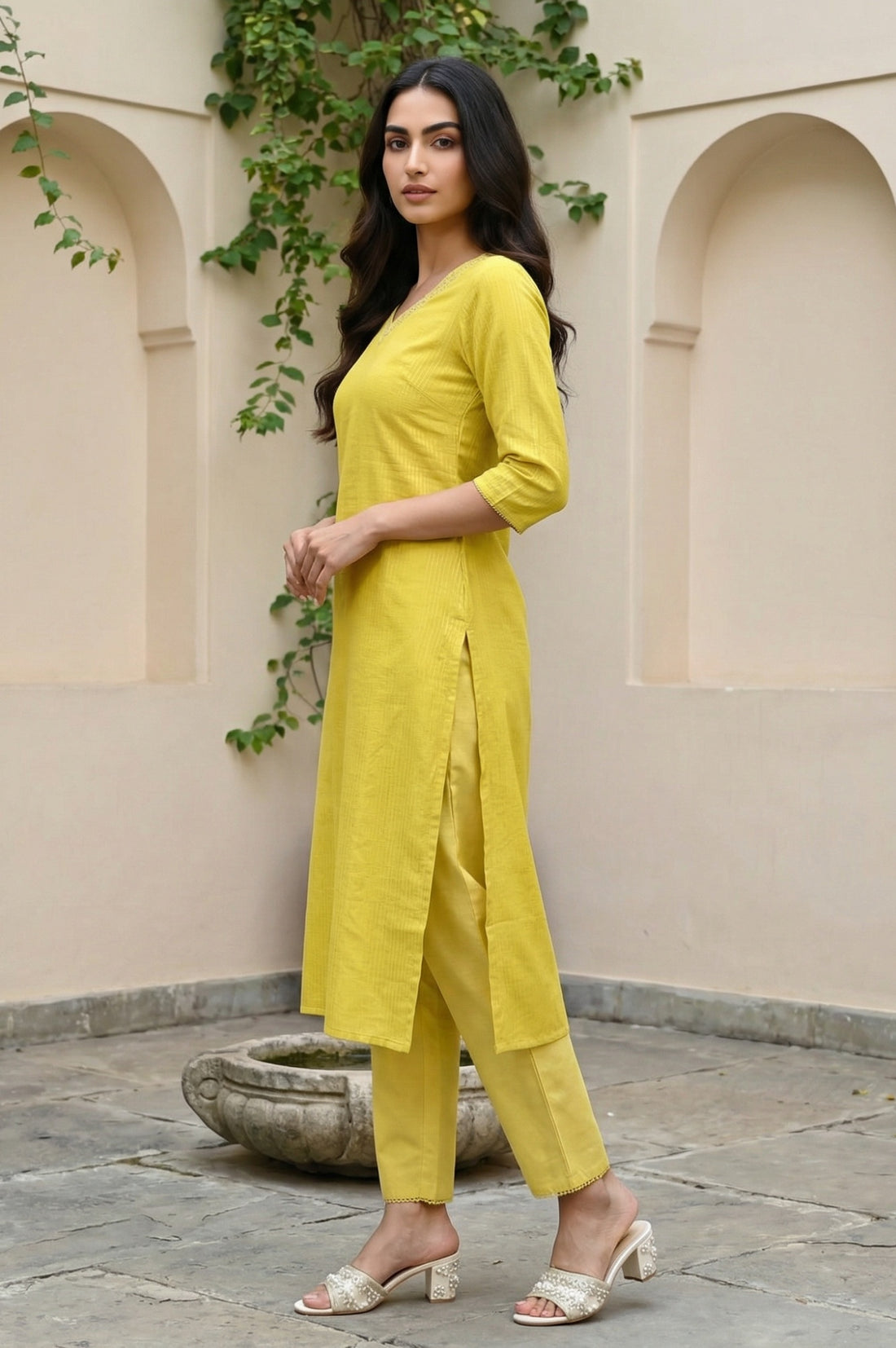 Yellow Embellished Cotton Lurex Straight Kurta