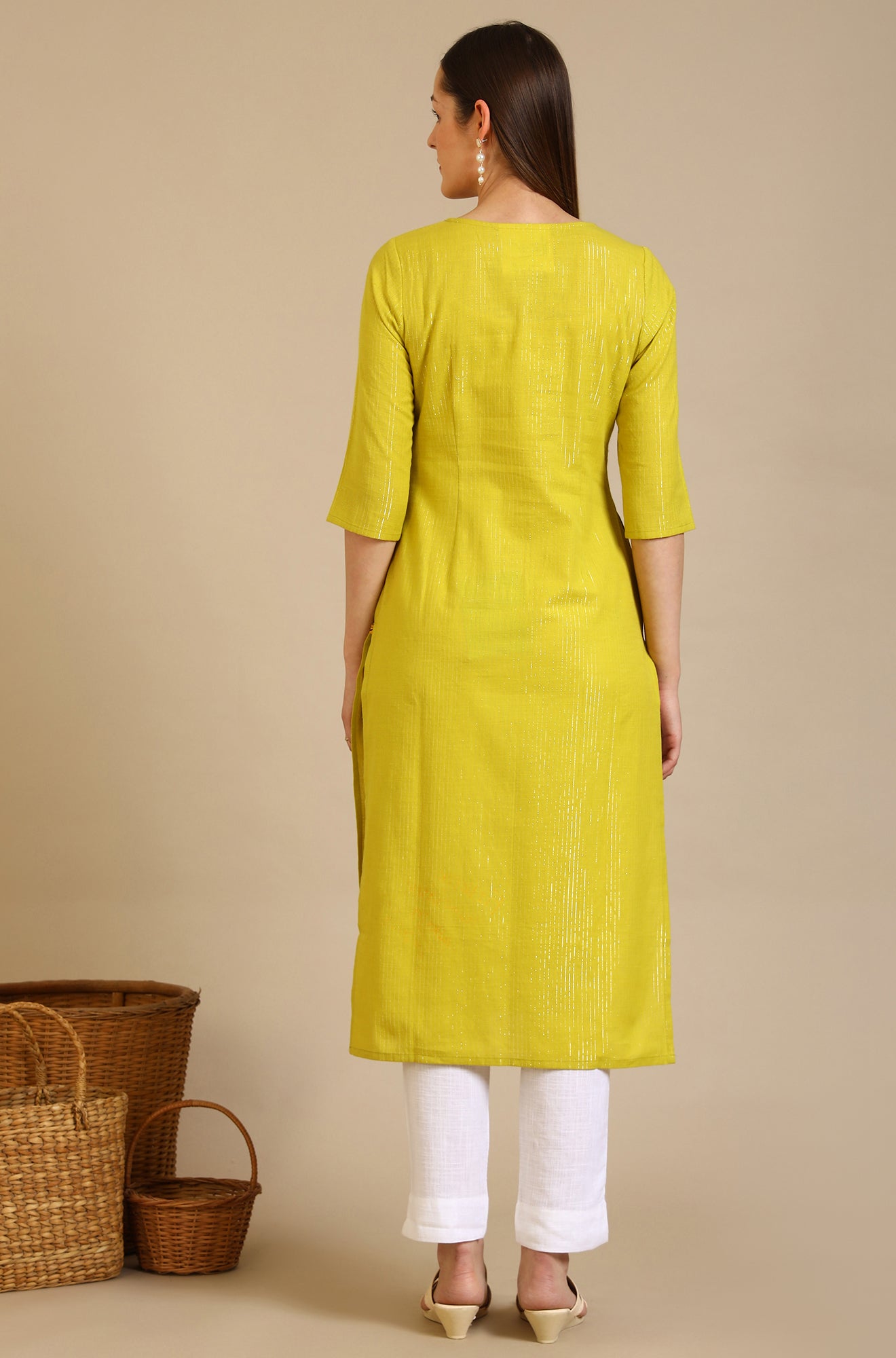 Yellow Embellished Cotton Lurex Straight Kurta