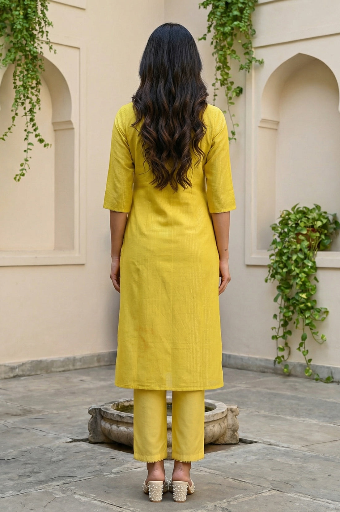 Yellow Embellished Cotton Lurex Straight Kurta
