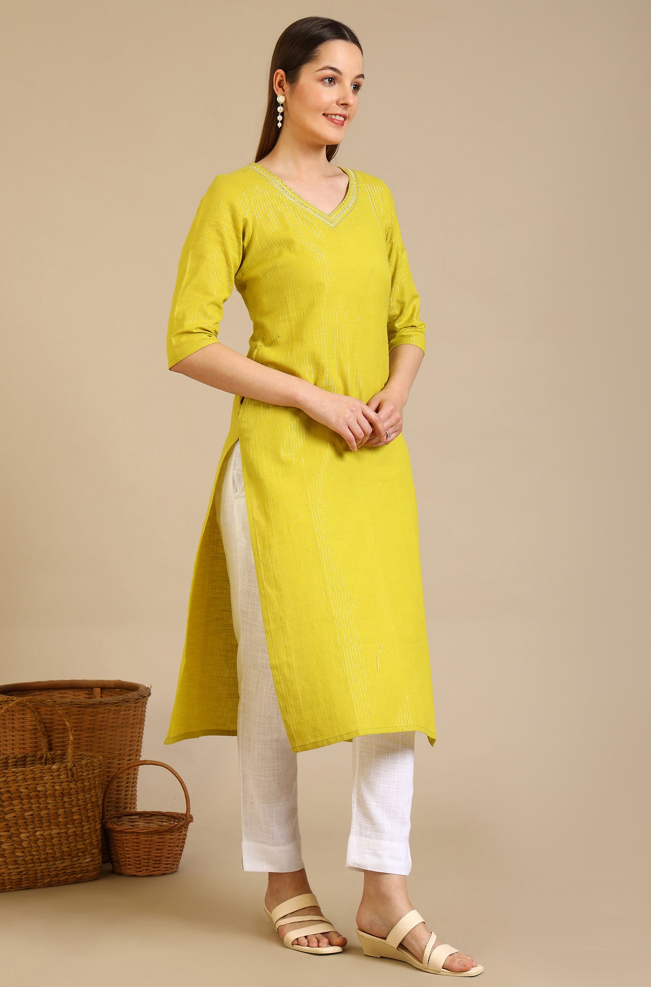 Yellow Embellished Cotton Lurex Straight Kurta